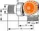 Thermostatventil mit externen Gewinden, links angeschlossen, Abmessungen und Markierung für Temperaturregelung. Produkt von IMI Hydronic Engineering.